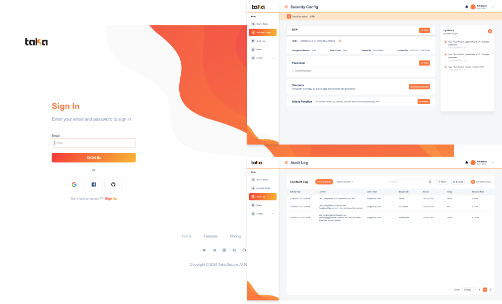 Dashboard Taka Secure - Aplikasi Enkripsi Data